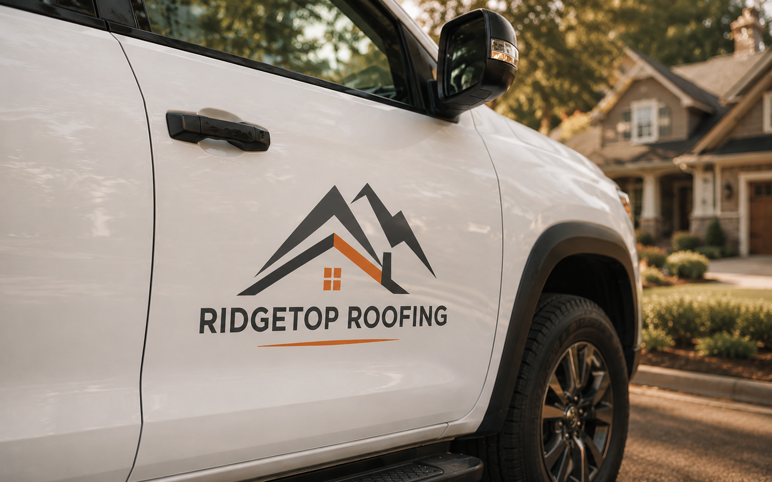 A roofing company logo on the door of a contractor pickup truck