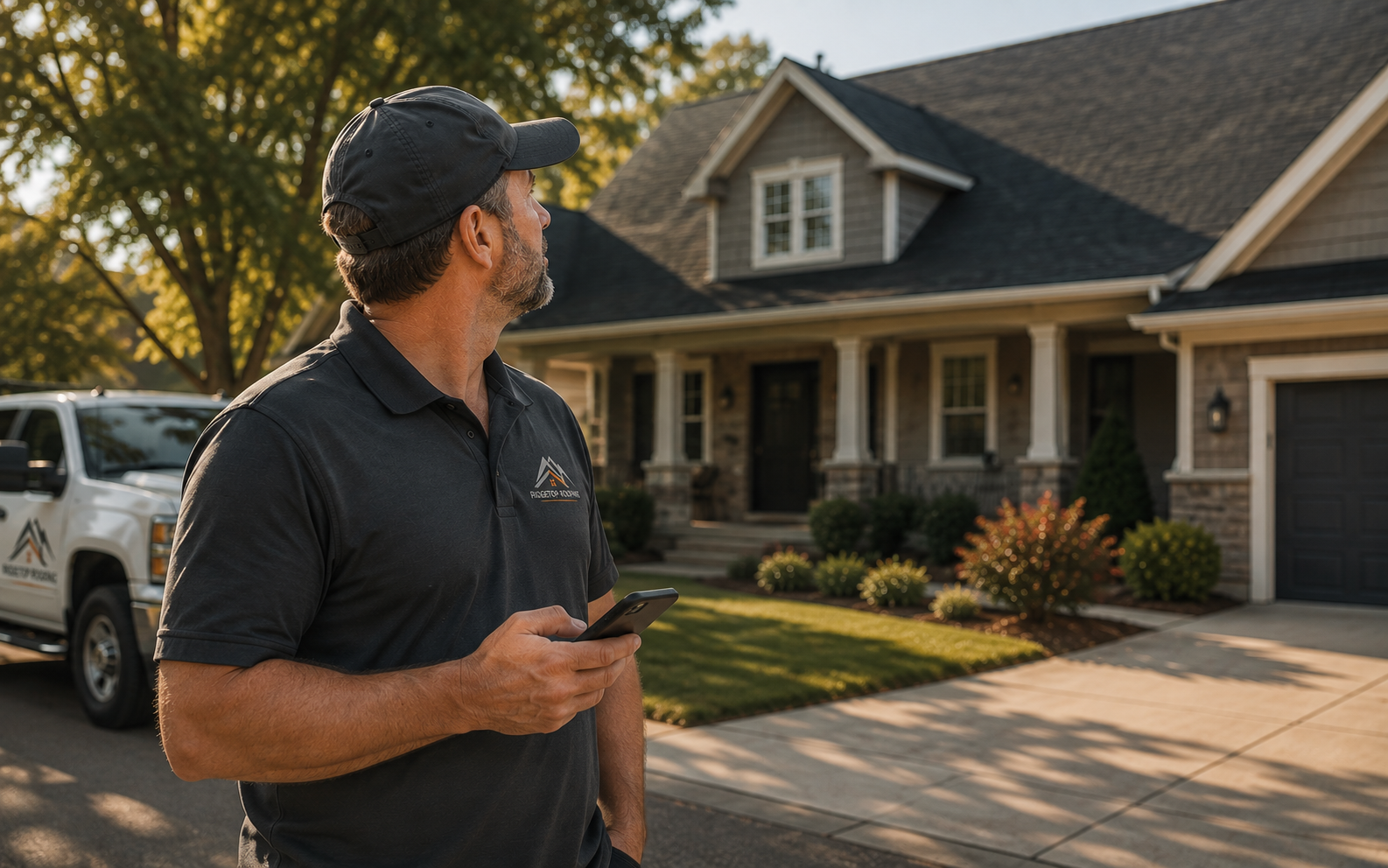A roofing contractor on a driveway checking his phone in front of a finished roof